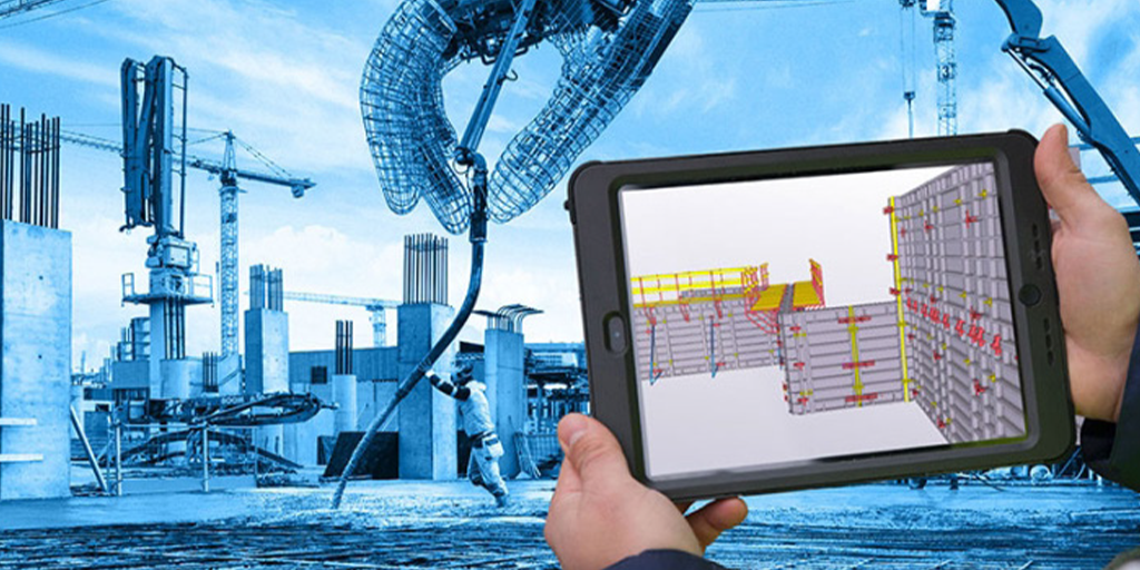 man holding tablet of concrete wall drawing